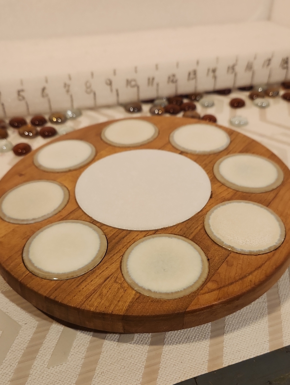 Vintage Wooden Round Coaster Set with Cream Inserts
